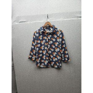 Liz Claiborne Petite Navy Floral Button-Up Blouse 3/4 Sleeve 100% Polyester Wome